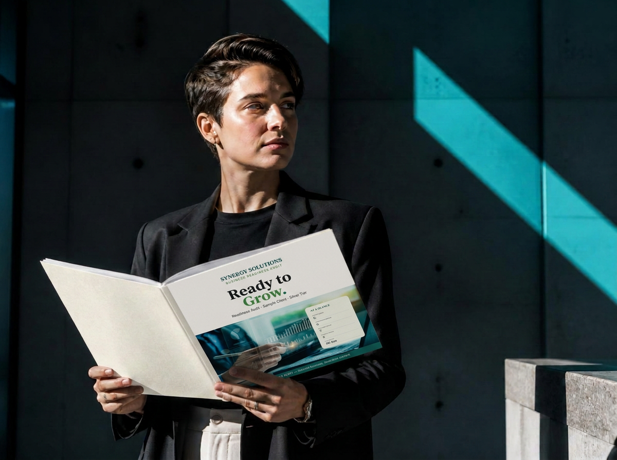 A founder reviewing a graded audit report in a brutalist, teal-lit space