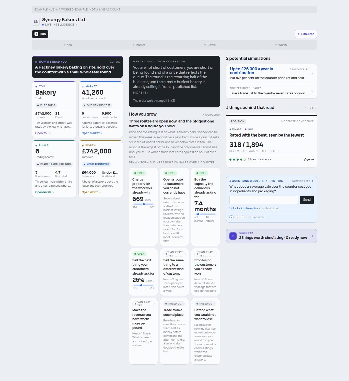 The Synergy Hub on a desktop: the reading, the four section cards, the growth board with three simulations, and the questions that would sharpen it